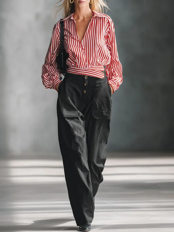 Urban Retro Red Striped Shirt And Black Trousers Set made by Oyrosy