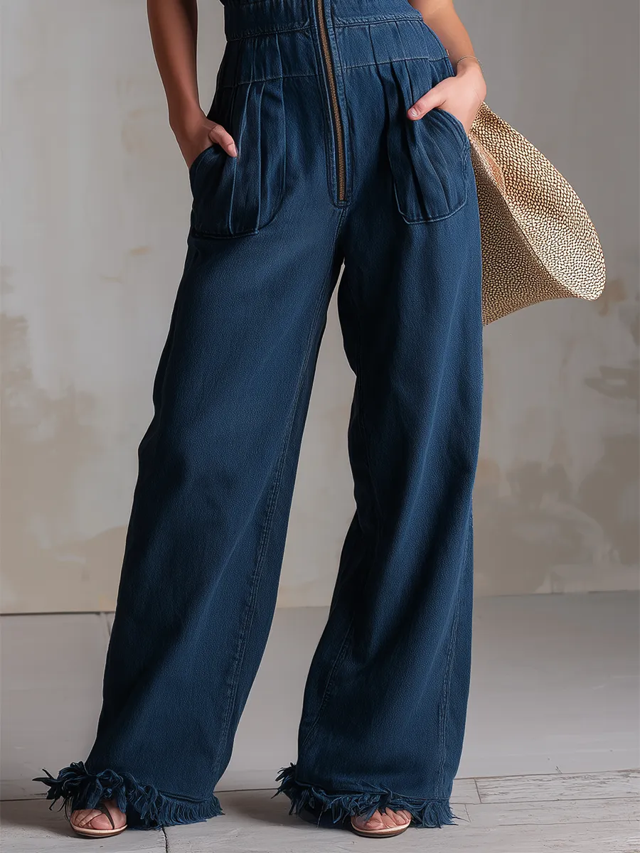 Retro Zip-up Collar Frayed Edges Gathered Waist Sleeveless Denim Jumpsuit Wide-leg Pants sold by Oyrosy product image thumbnail 4