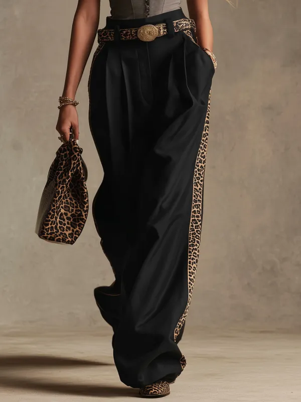 Retro Casual Western-Style Leopard-Print Paneled Trousers made by Oyrosy