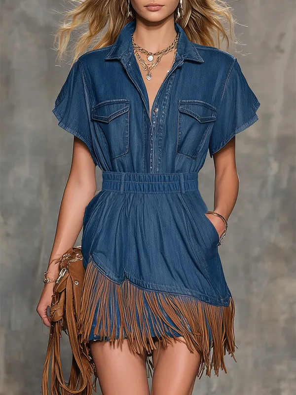 Western Lapel-collar Asymmetric-hem Fringed Cinched-waist Denim Mini Dress made by Oyrosy