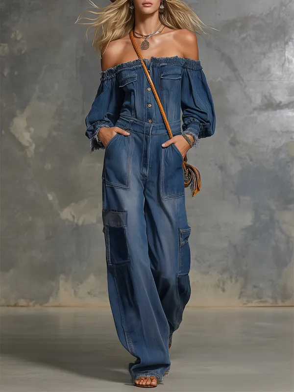 Western Off-the-shoulder Utility-pocket Raw-hem Wide-leg Denim Jumpsuit made by Oyrosy