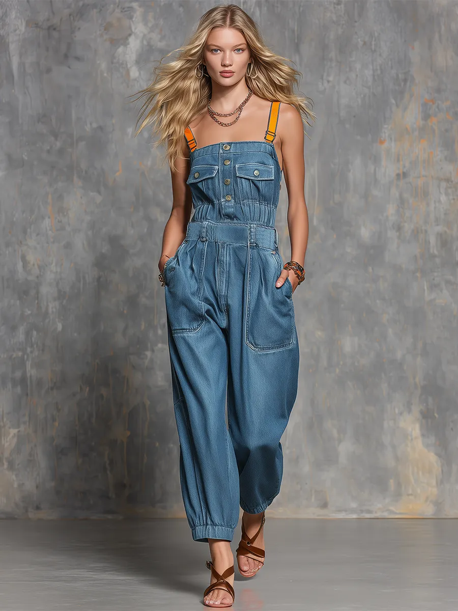 American Vintage Contrast-strap Gathered Denim Jumpsuit sold by Oyrosy product image thumbnail 2