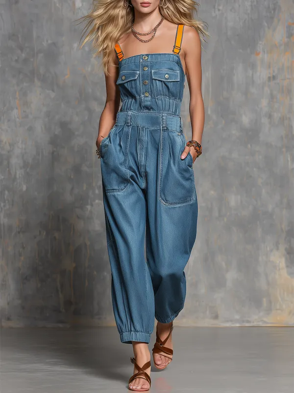 American Vintage Contrast-strap Gathered Denim Jumpsuit made by Oyrosy