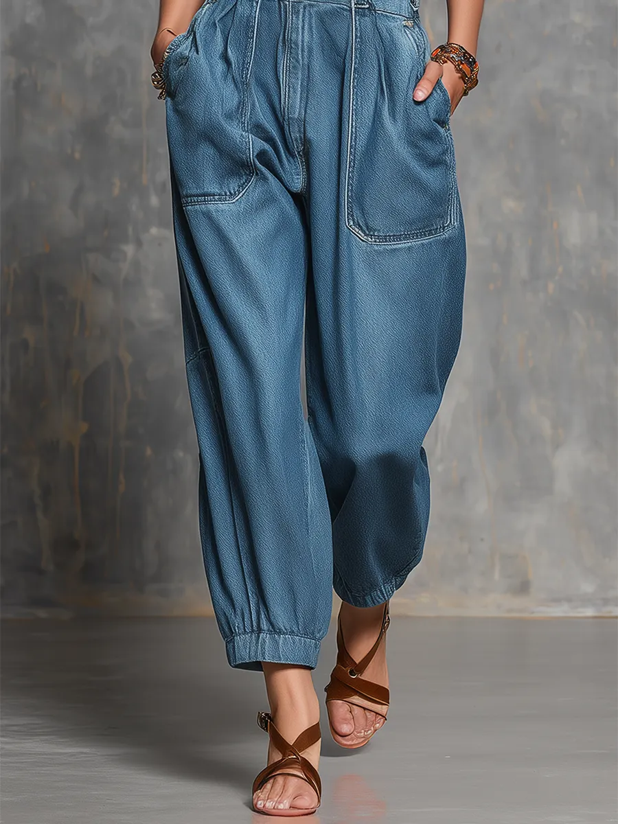 American Vintage Contrast-strap Gathered Denim Jumpsuit sold by Oyrosy product image thumbnail 4