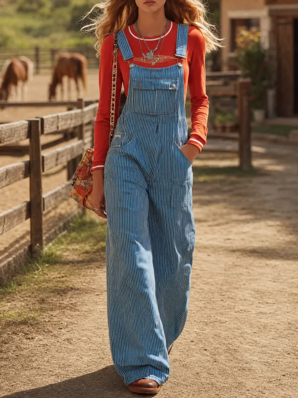 Striped Denim Overalls – American Vintage Adjustable-Strap Wide-Leg Jumpsuit made by Oyrosy