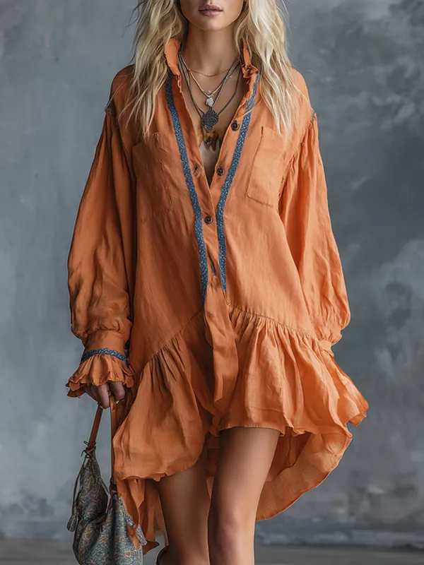 Chic & Casual Lace-Trimmed Orange Cotton-Linen Long-Sleeve Mini Dress made by Oyrosy