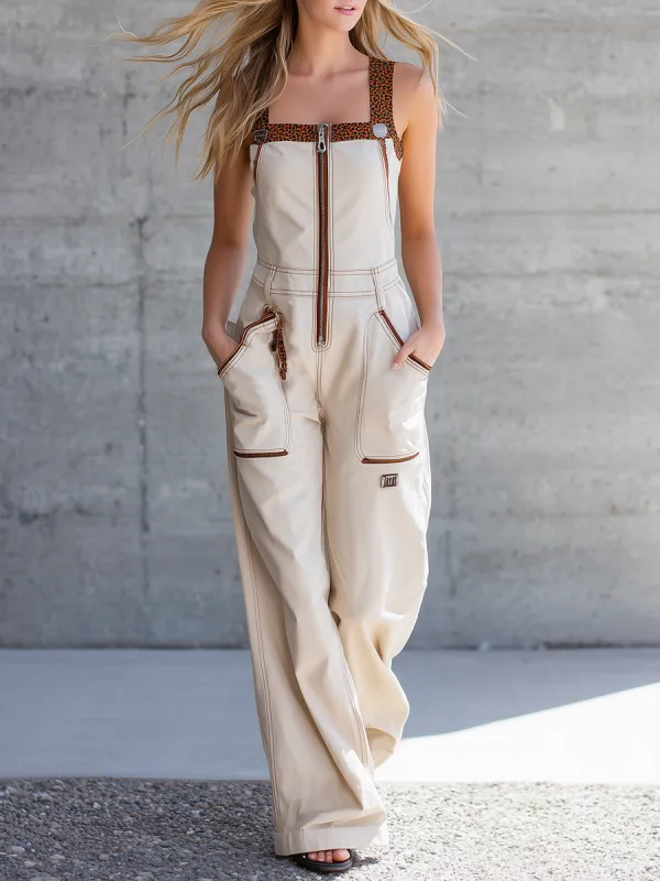 retro workwear leopard-print piped zip denim overalls made by Oyrosy