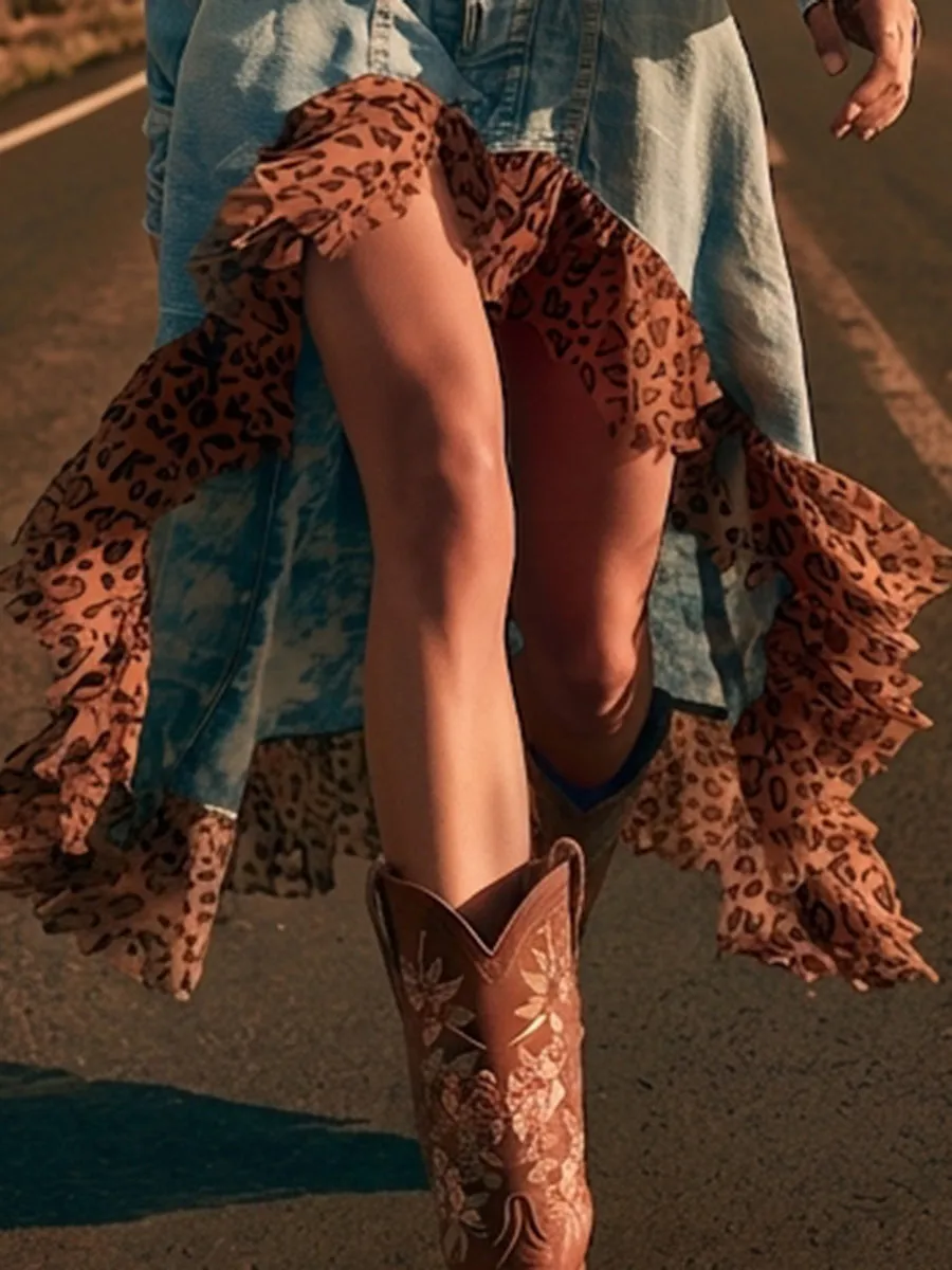 western halter leopard-print paneled high-low-hem denim dress sold by Oyrosy product image thumbnail 4