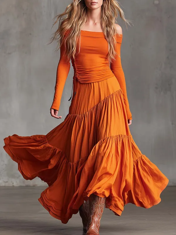 Boho Western Orange Off-Shoulder Ruched Top And Tiered Maxi Skirt Set made by Oyrosy