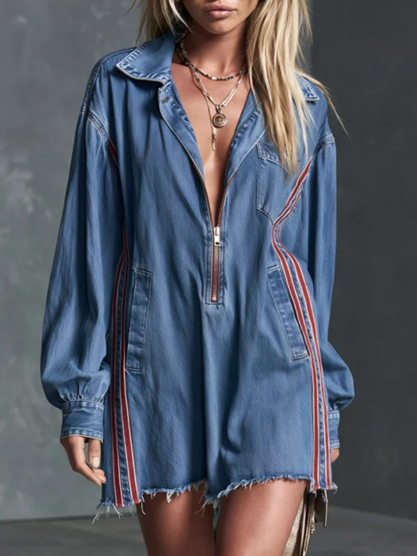 Relaxed Fit Striped Trim Blue Collared Half-zip Mini Dress made by Oyrosy