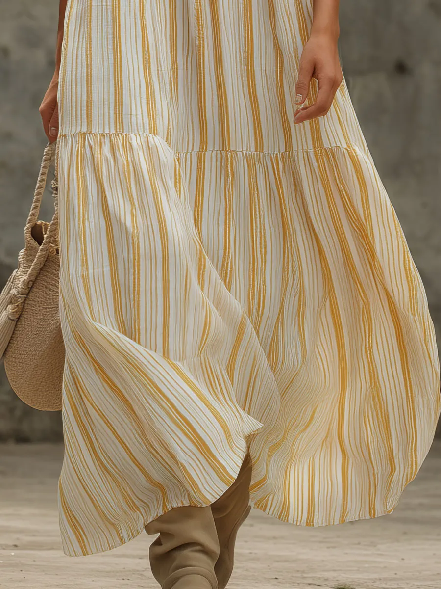 Retro-elegant Yellow Striped Ruffled V-neck Cotton Maxi Dress sold by Oyrosy product image thumbnail 5