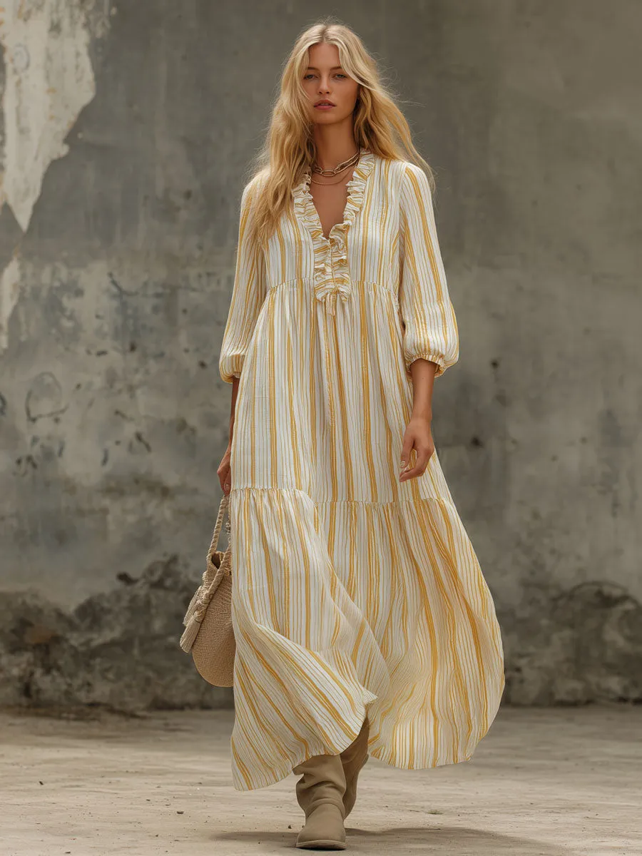 Retro-elegant Yellow Striped Ruffled V-neck Cotton Maxi Dress sold by Oyrosy product image thumbnail 3