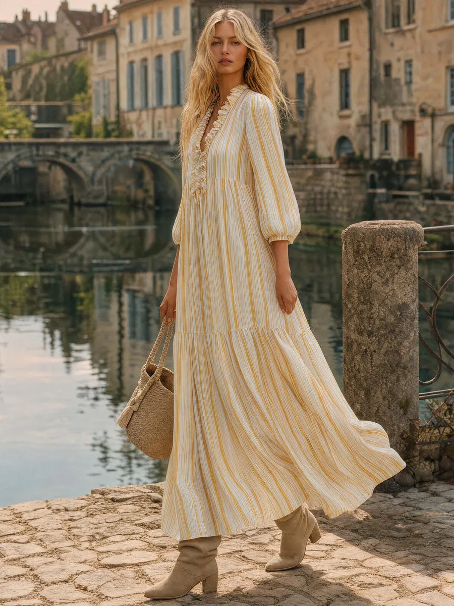 Retro-elegant Yellow Striped Ruffled V-neck Cotton Maxi Dress sold by Oyrosy product image thumbnail 2