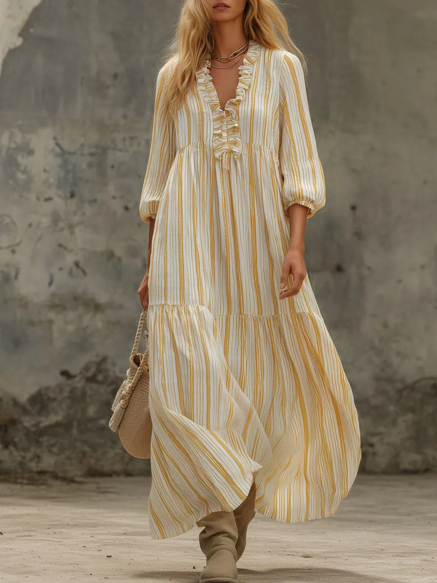 Retro-elegant Yellow Striped Ruffled V-neck Cotton Maxi Dress sold by Oyrosy