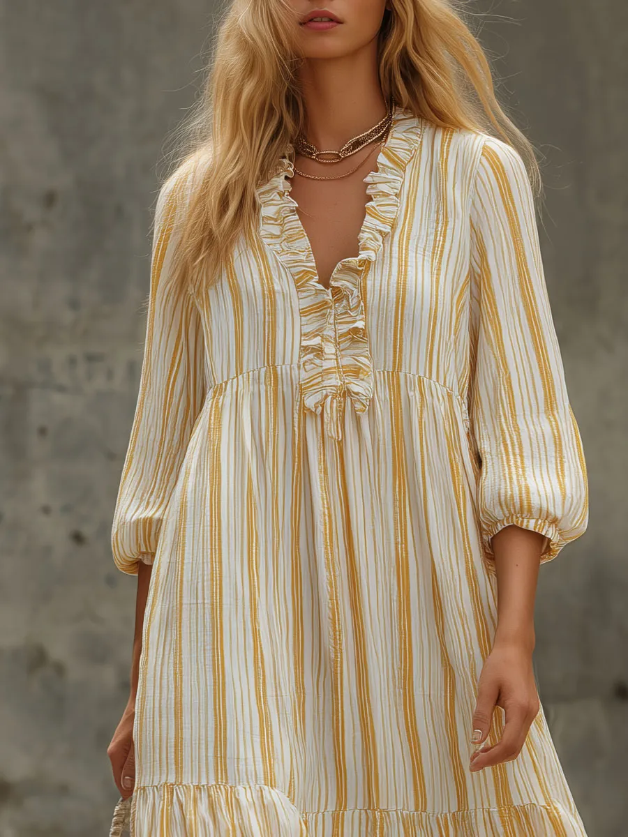 Retro-elegant Yellow Striped Ruffled V-neck Cotton Maxi Dress sold by Oyrosy product image thumbnail 4