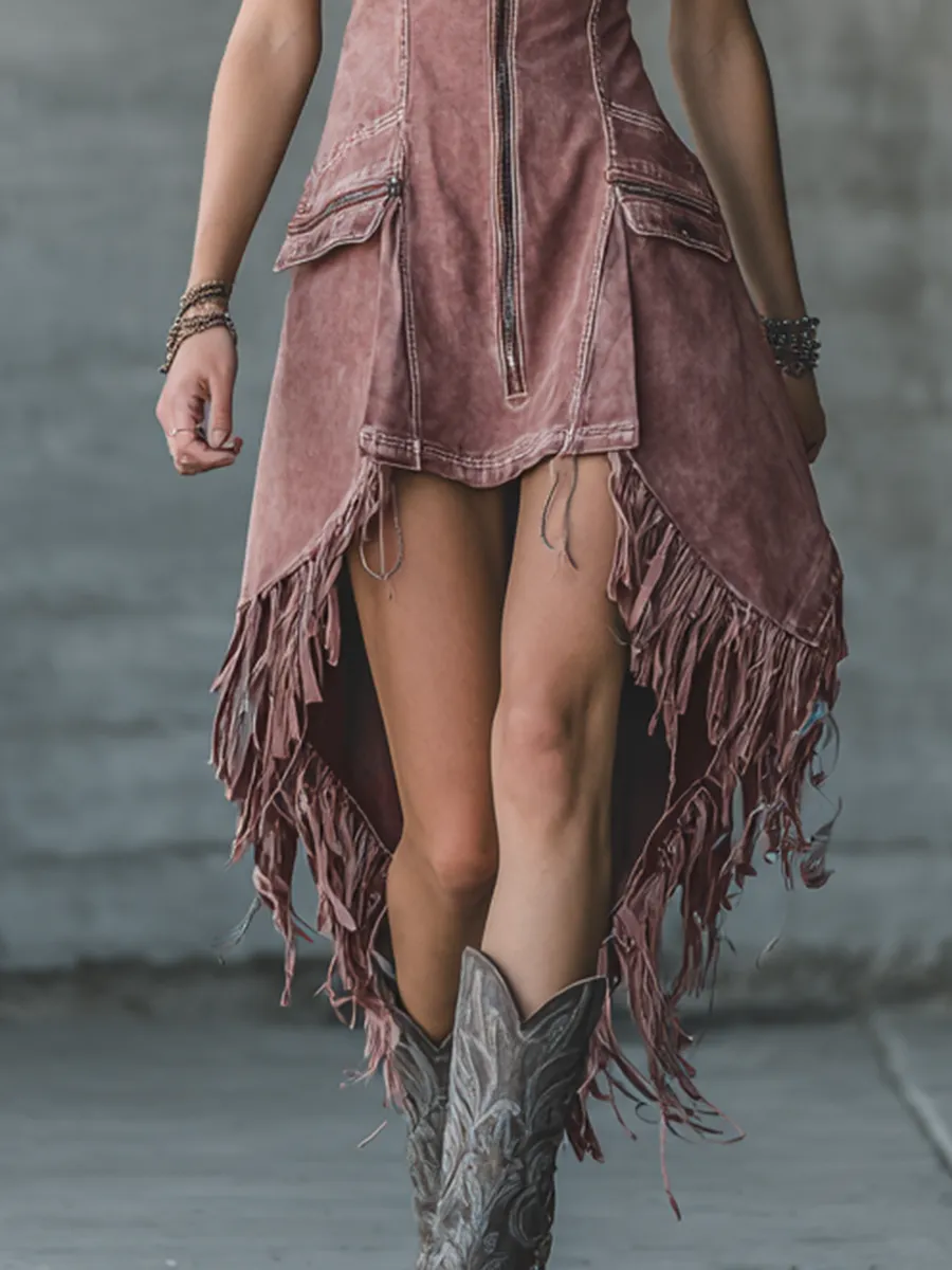 Dusty Pink Western Dress – Sleeveless Zip-Front Fitted Waist Fringed Hem sold by Oyrosy product image thumbnail 4