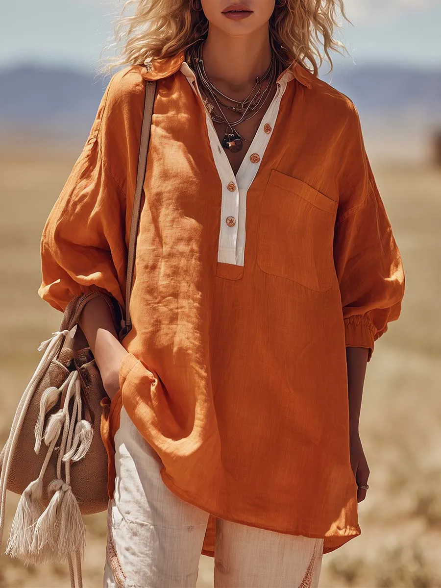 Urban Casual V-neck Front-button Orange Cotton-linen Blouse sold by Oyrosy