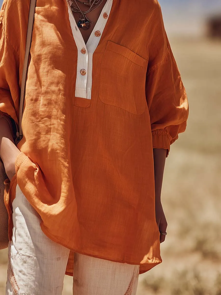 Urban Casual V-neck Front-button Orange Cotton-linen Blouse sold by Oyrosy product image thumbnail 4