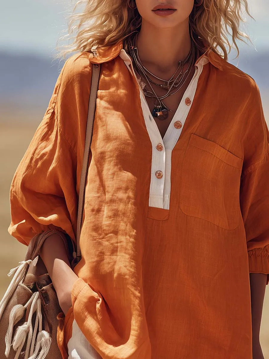 Urban Casual V-neck Front-button Orange Cotton-linen Blouse sold by Oyrosy product image thumbnail 3