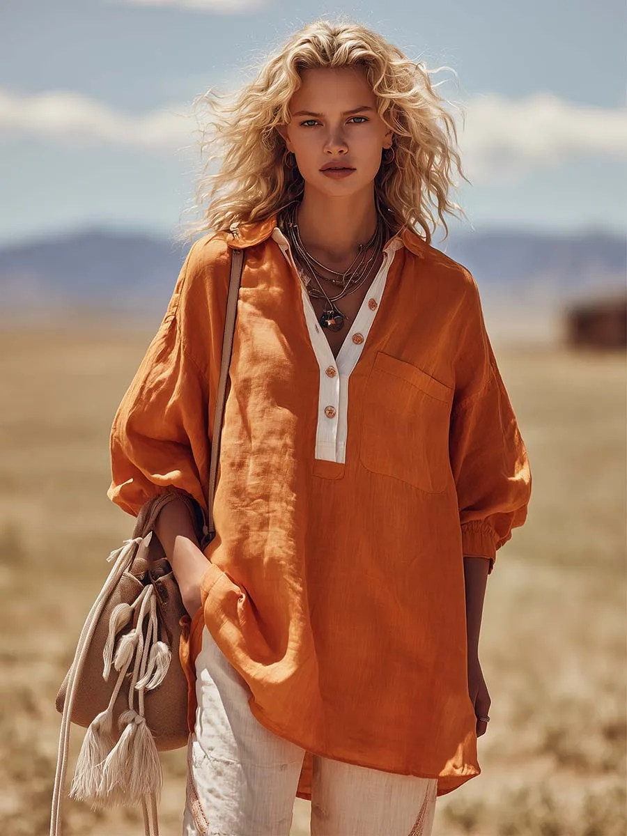 Urban Casual V-neck Front-button Orange Cotton-linen Blouse sold by Oyrosy product image thumbnail 2