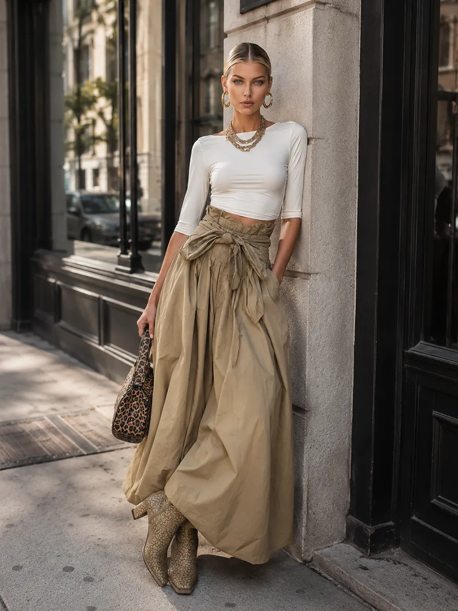 Elegant Vintage-style White Mid-sleeve Top And Khaki Skirt Cotton Set sold by Oyrosy product image thumbnail 2