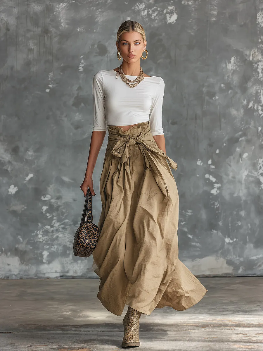 Elegant Vintage-style White Mid-sleeve Top And Khaki Skirt Cotton Set sold by Oyrosy product image thumbnail 3