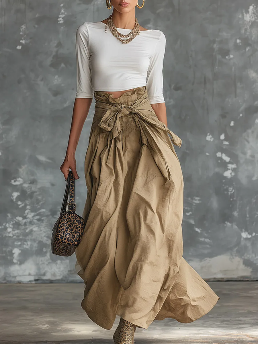 Elegant Vintage-style White Mid-sleeve Top And Khaki Skirt Cotton Set sold by Oyrosy