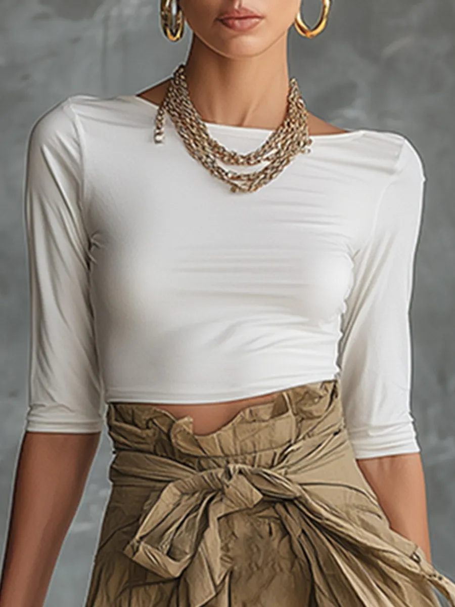 Elegant Vintage-style White Mid-sleeve Top And Khaki Skirt Cotton Set sold by Oyrosy product image thumbnail 4
