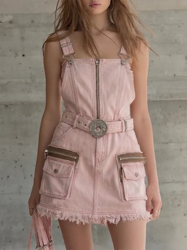 retro workwear zip disc-button belted raw-hem denim overall dress made by Oyrosy