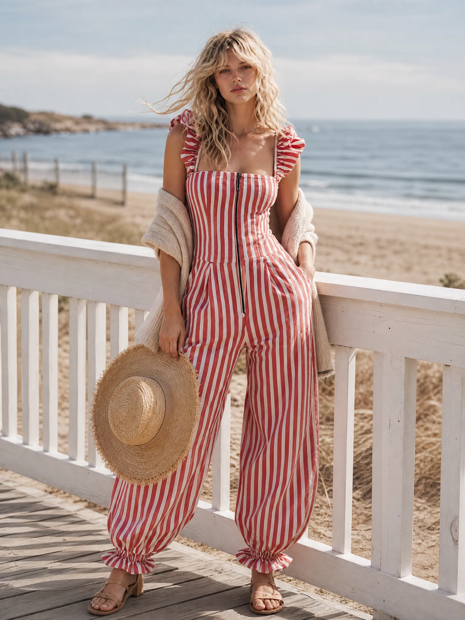 Retro Red Striped Ruffle Strap Zip-Front Wide-Leg Jumpsuit sold by Oyrosy product image thumbnail 2