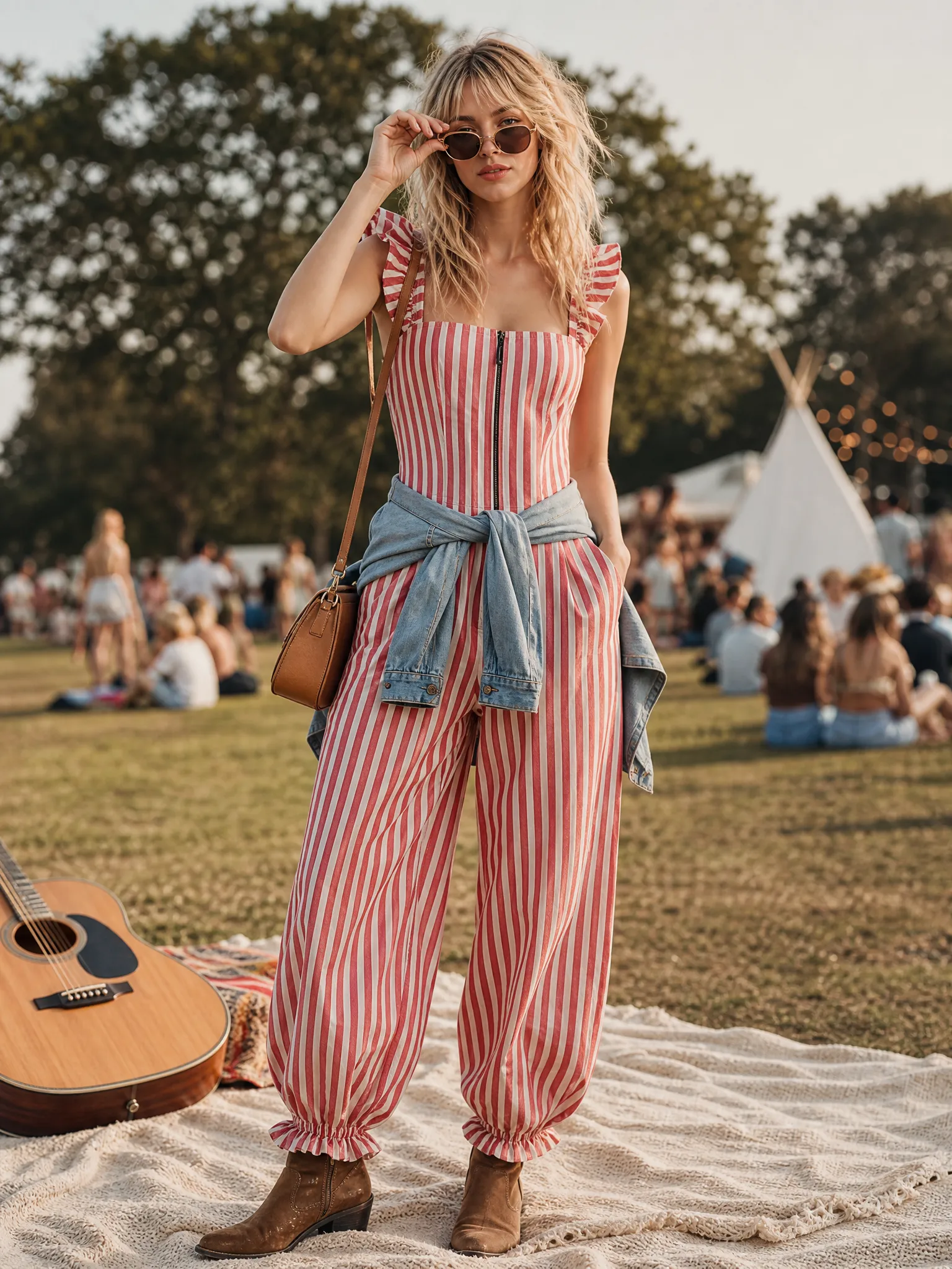 Retro Red Striped Ruffle Strap Zip-Front Wide-Leg Jumpsuit sold by Oyrosy product image thumbnail 3