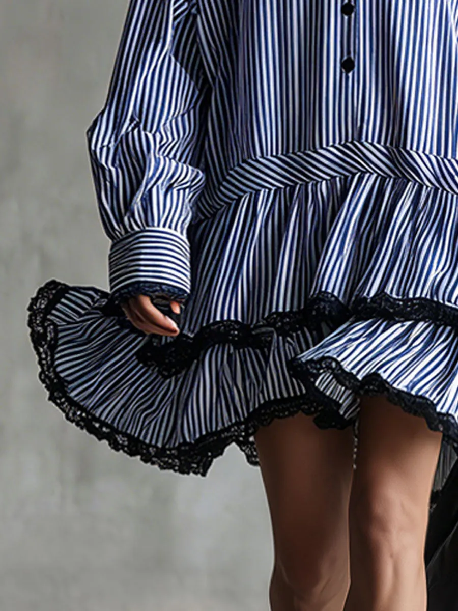 Fashionable Retro Lace-trimmed Blue Striped Long-sleeved Mini Dress sold by Oyrosy product image thumbnail 4