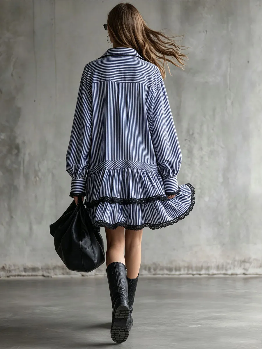Fashionable Retro Lace-trimmed Blue Striped Long-sleeved Mini Dress sold by Oyrosy product image thumbnail 3