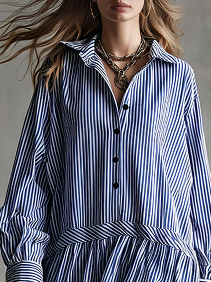 Fashionable Retro Lace-trimmed Blue Striped Long-sleeved Mini Dress sold by Oyrosy product image thumbnail 5