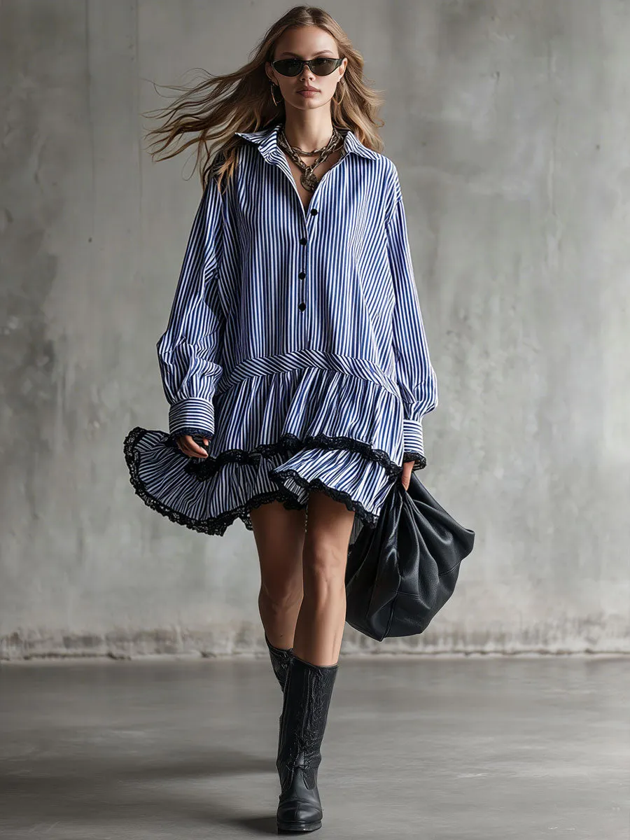 Fashionable Retro Lace-trimmed Blue Striped Long-sleeved Mini Dress sold by Oyrosy product image thumbnail 2
