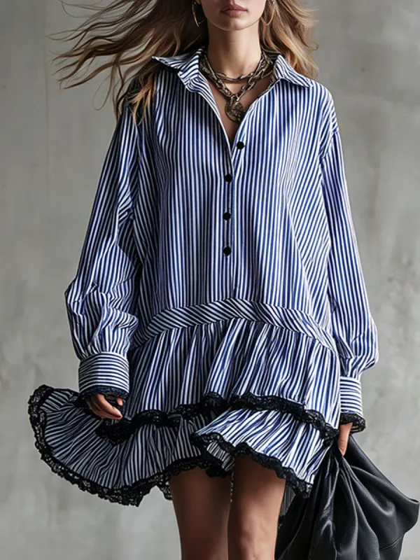 Fashionable Retro Lace-trimmed Blue Striped Long-sleeved Mini Dress made by Oyrosy