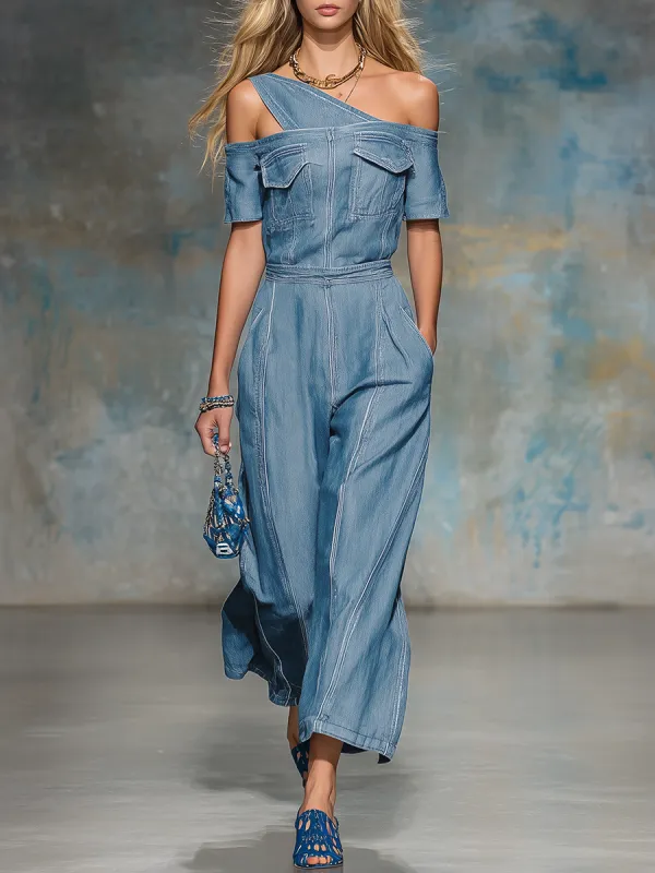 American Vintage Unconventional One-shoulder Off-shoulder Denim Jumpsuit made by Oyrosy