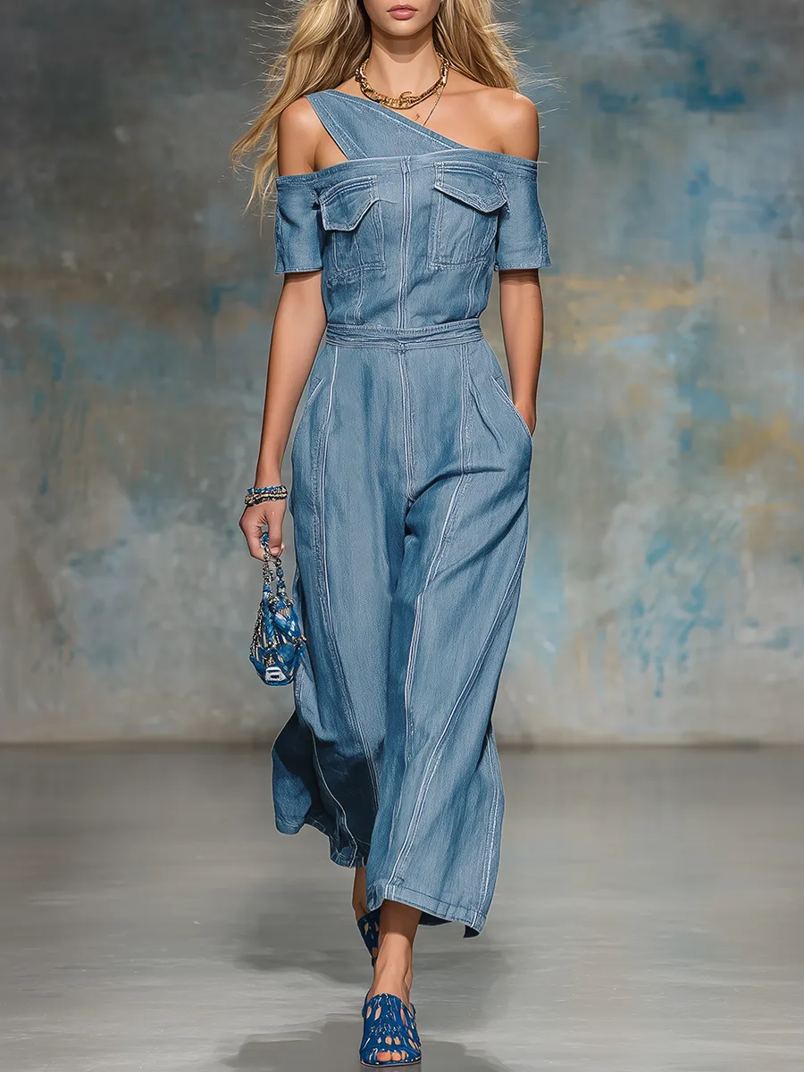 American Vintage Unconventional One-shoulder Off-shoulder Denim Jumpsuit sold by Oyrosy