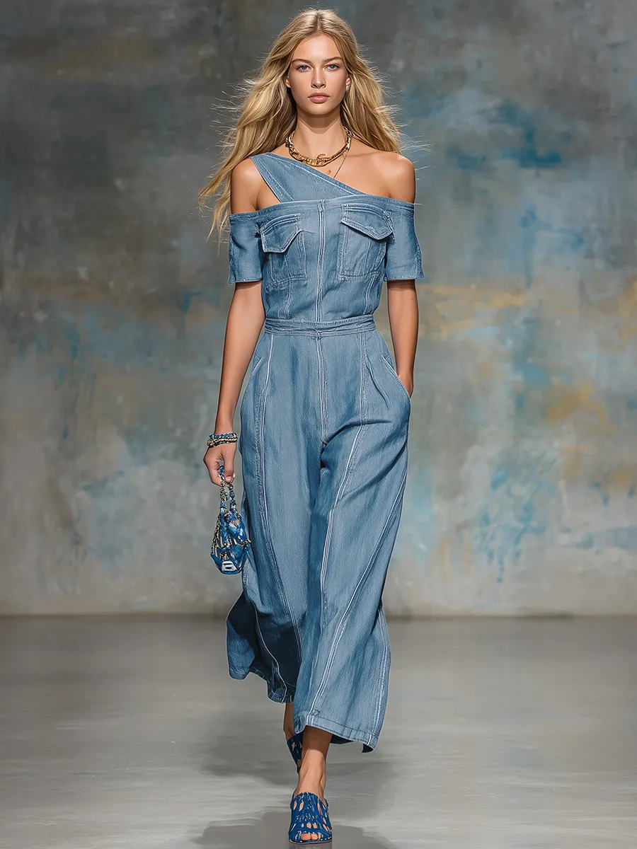 American Vintage Unconventional One-shoulder Off-shoulder Denim Jumpsuit sold by Oyrosy product image thumbnail 2