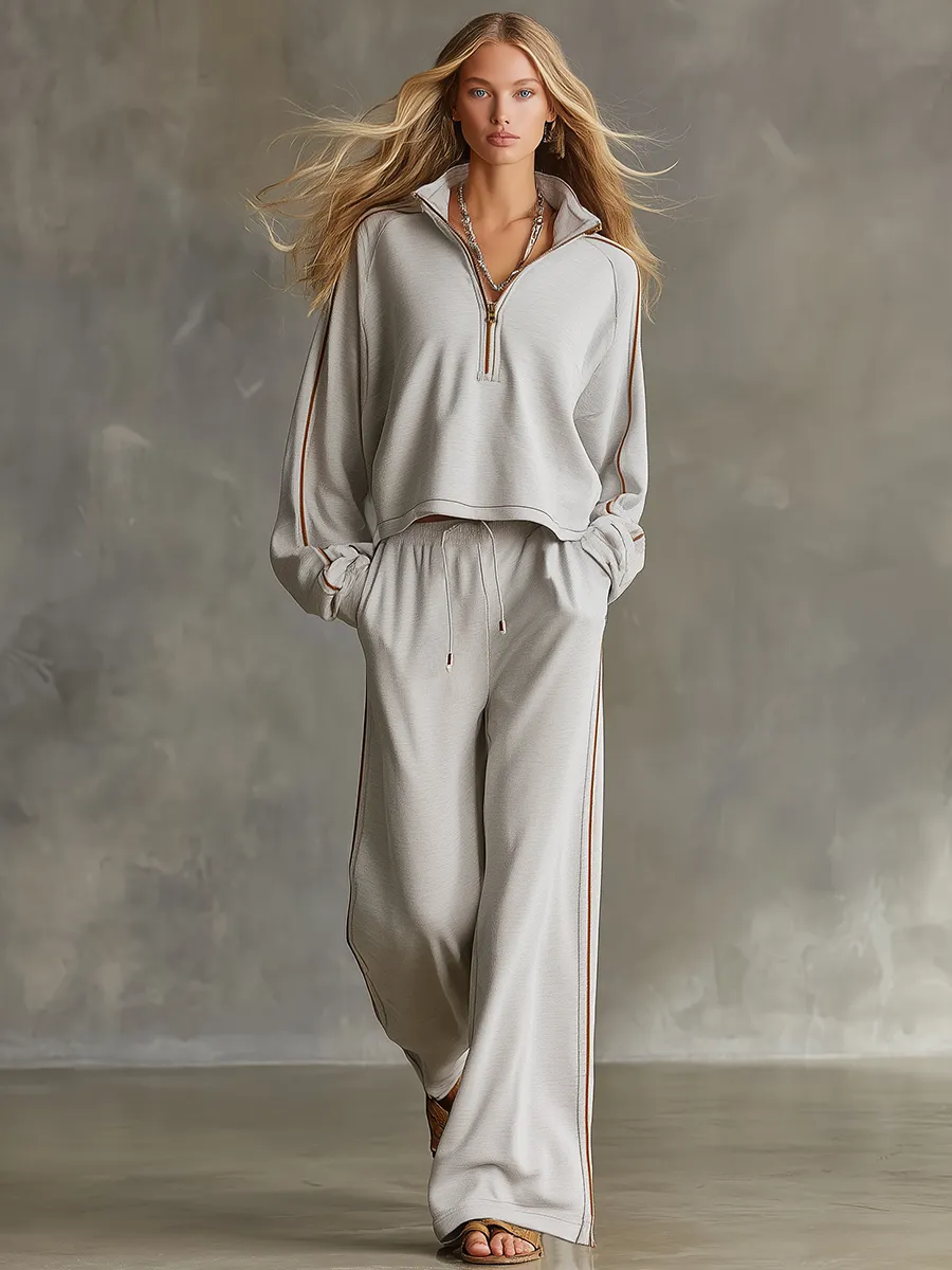 A grey athleisure styles that blends retro casual and elegant set sold by Oyrosy product image thumbnail 2