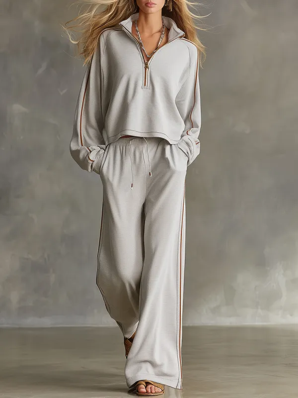 A grey athleisure styles that blends retro casual and elegant set made by Oyrosy