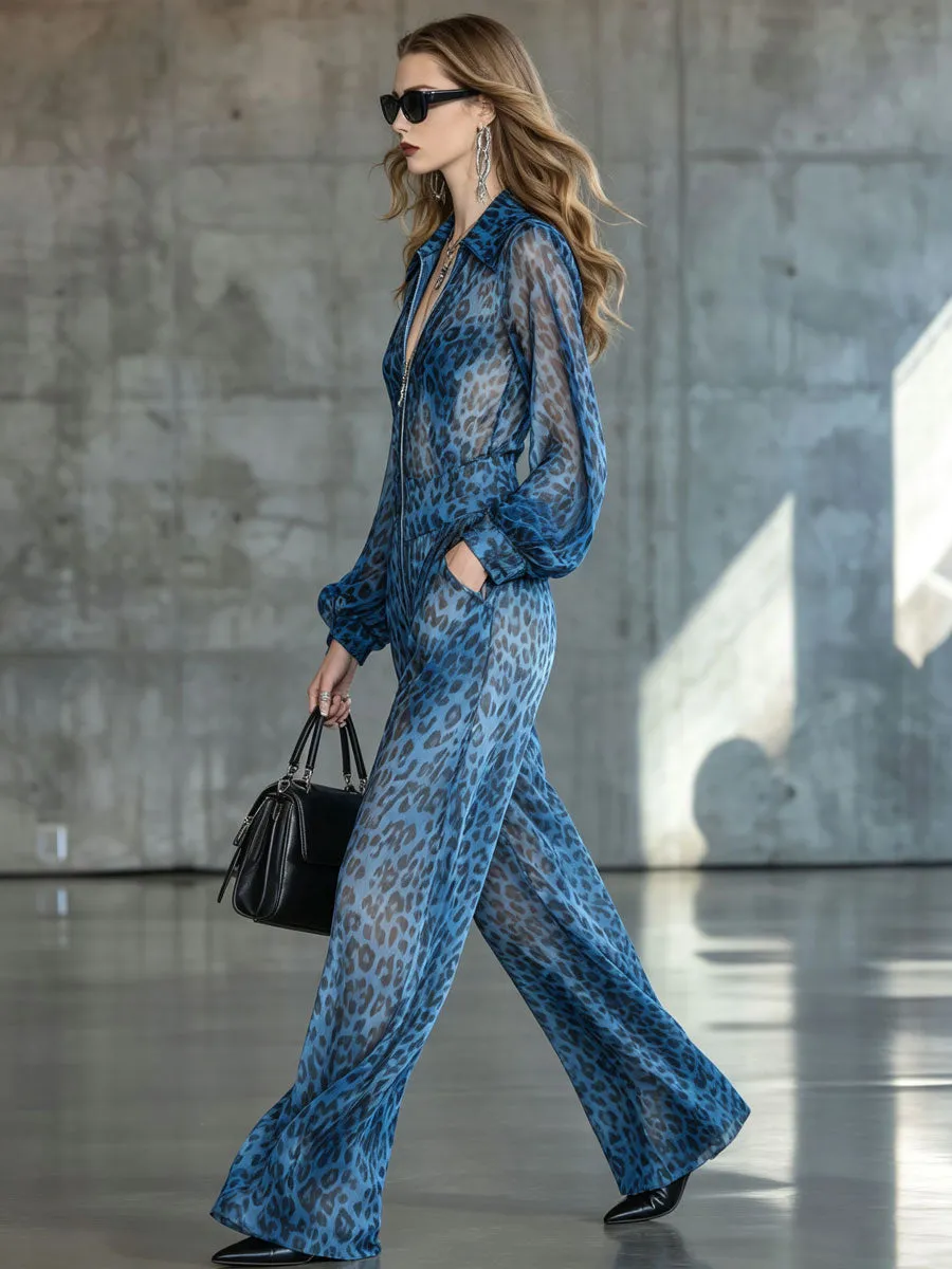 Elegant Retro Blue Leopard Print Chiffon Black Long-sleeved Jumpsuit sold by Oyrosy product image thumbnail 3