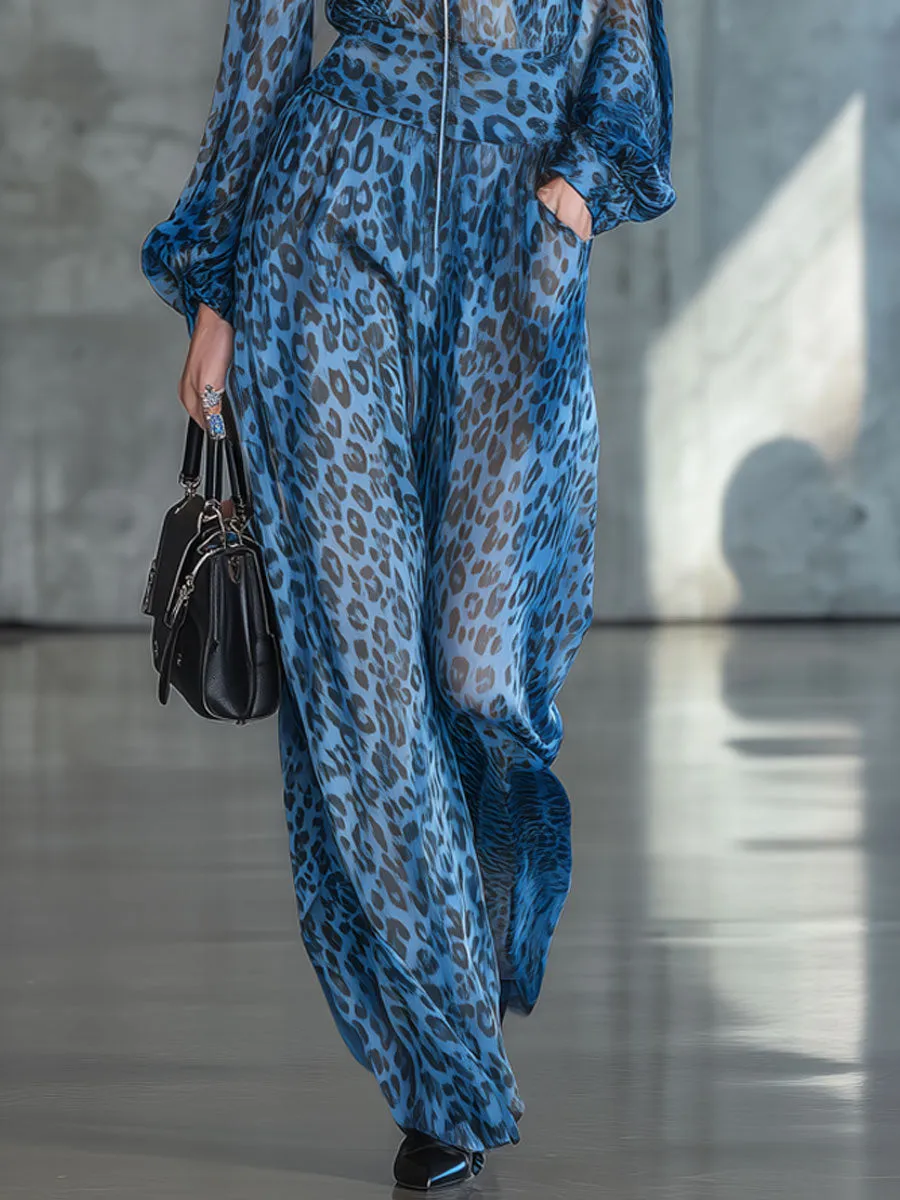 Elegant Retro Blue Leopard Print Chiffon Black Long-sleeved Jumpsuit sold by Oyrosy product image thumbnail 5