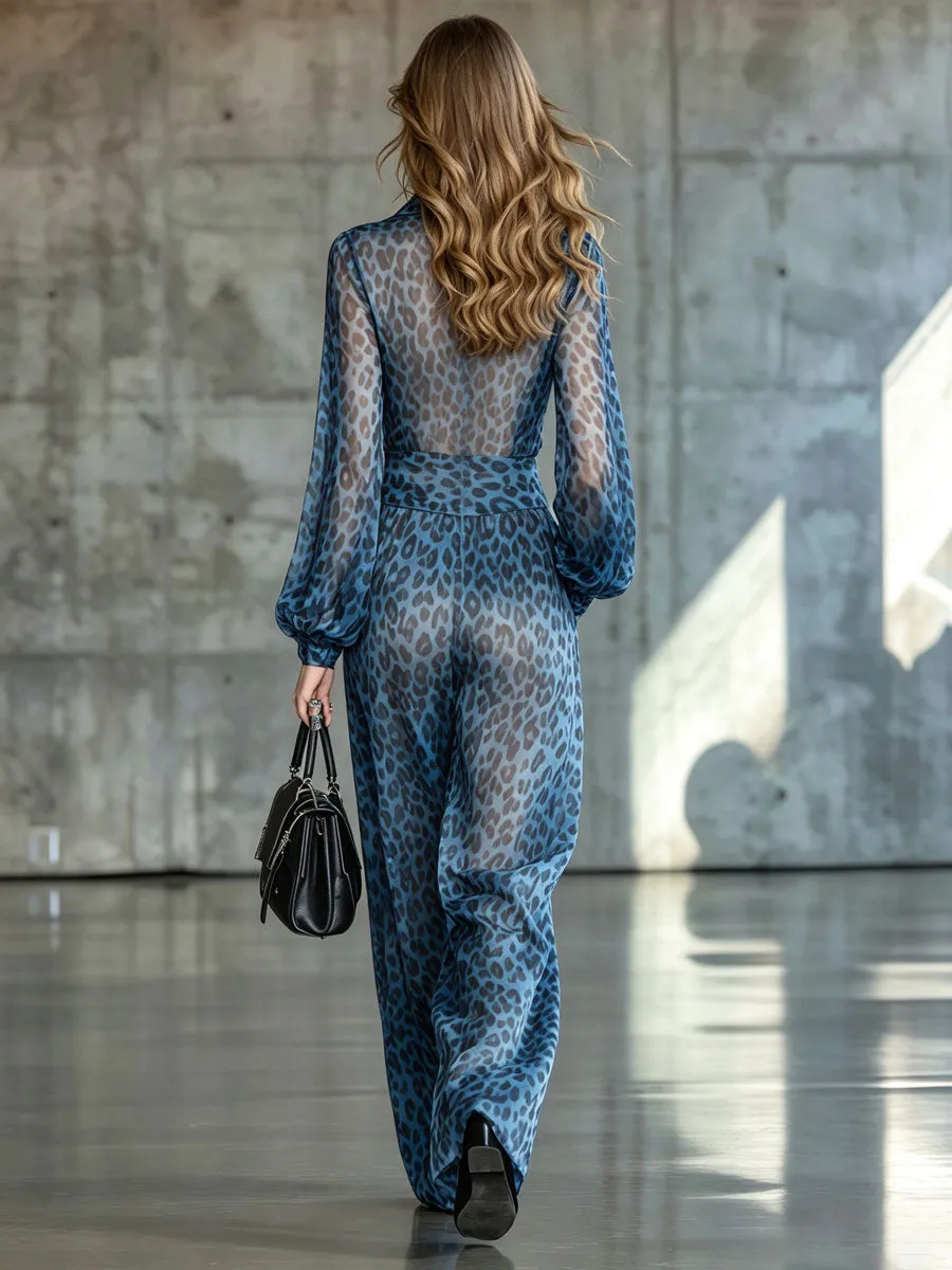 Elegant Retro Blue Leopard Print Chiffon Black Long-sleeved Jumpsuit sold by Oyrosy product image thumbnail 4
