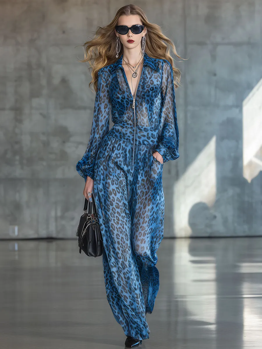 Elegant Retro Blue Leopard Print Chiffon Black Long-sleeved Jumpsuit sold by Oyrosy product image thumbnail 2