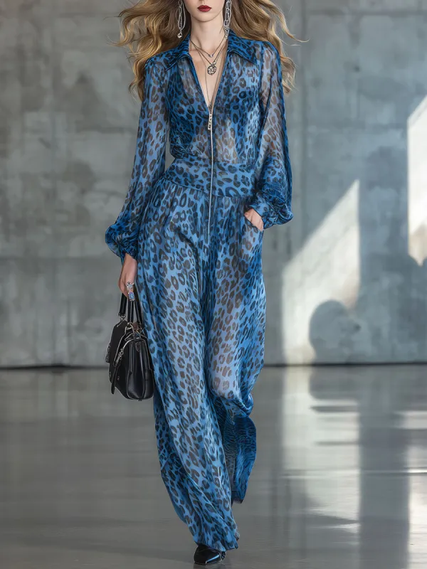 Elegant Retro Blue Leopard Print Chiffon Black Long-sleeved Jumpsuit made by Oyrosy