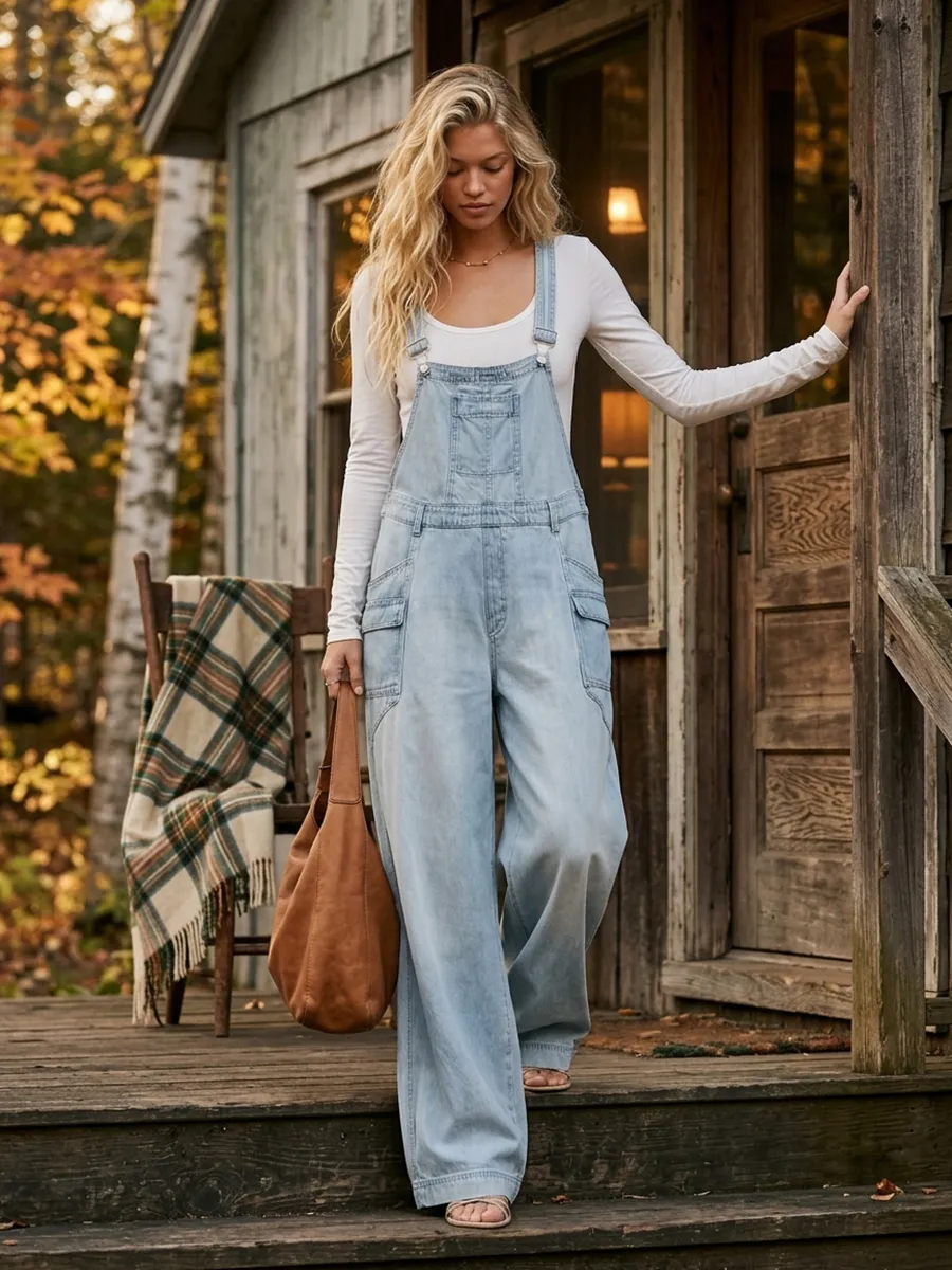 casual workwear big-pocket denim jumpsuit sold by Oyrosy product image thumbnail 2