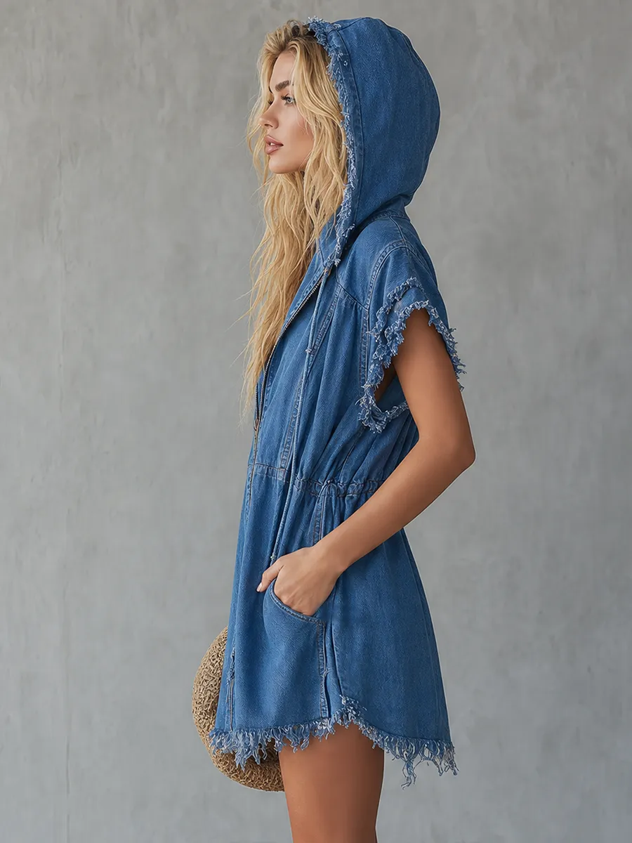 American Hooded Raw-edge Denim Mini Dress sold by Oyrosy product image thumbnail 4