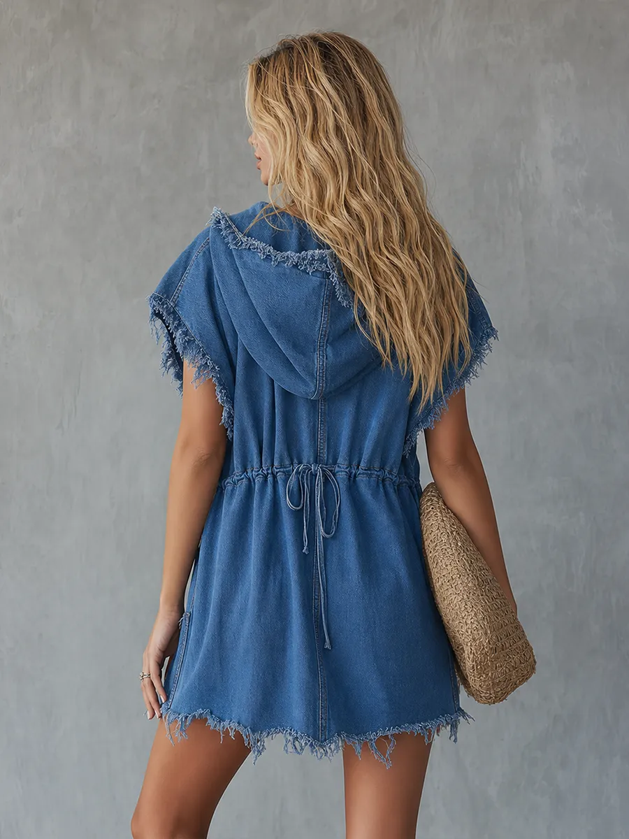 American Hooded Raw-edge Denim Mini Dress sold by Oyrosy product image thumbnail 5