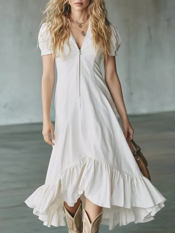 Casual Puff-sleeve Ruffle Denim Dress made by Oyrosy